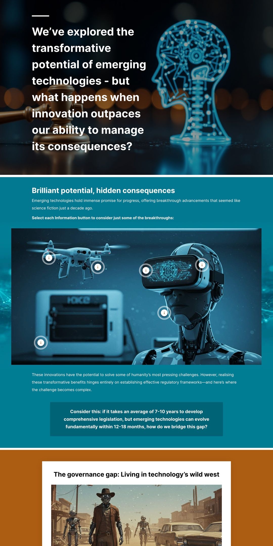 Course screens: an introduction to emerging technology and regulation, an interactive image with information buttons, and a section on the governance gap