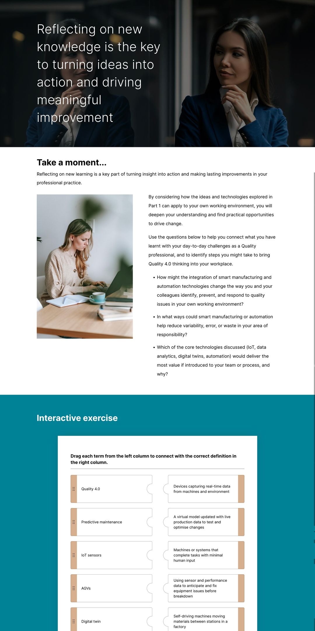 Course screens: a reflection activity with questions to consider, followed by a drag-and-drop exercise matching terms to definitions
