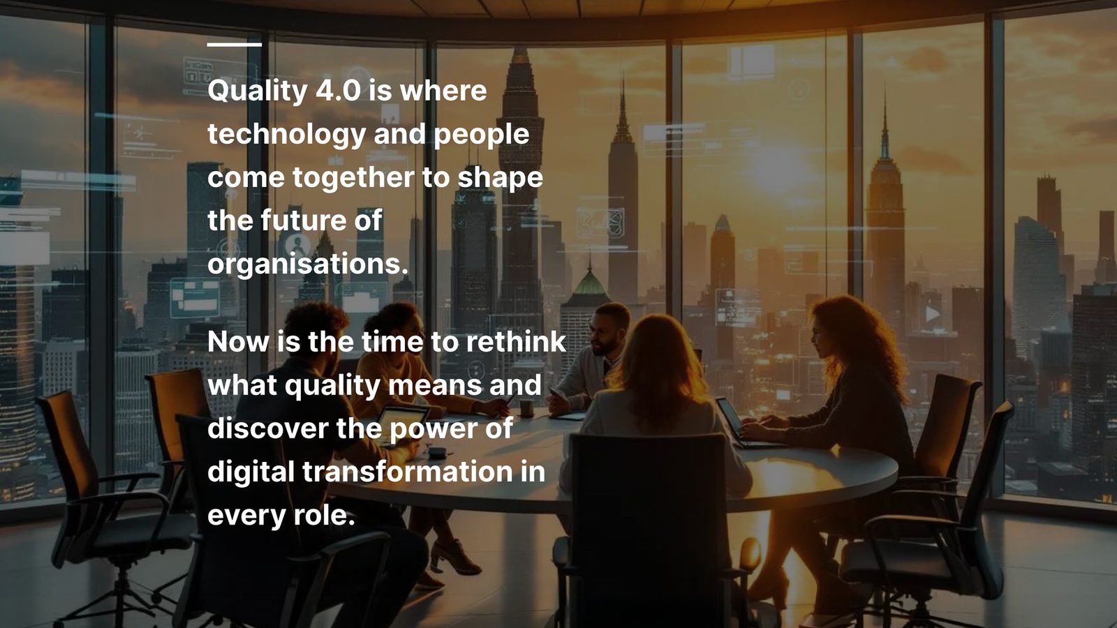 Opening screen of one of the courses: a team meets around a table in a glass-walled office overlooking a city at sunset, with an introduction to digital transformation